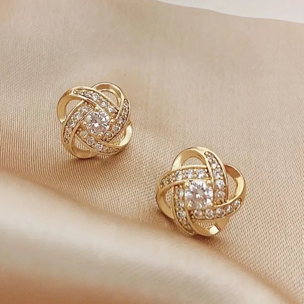 Gold Twisted Knot Earrings with Sparkling Stones